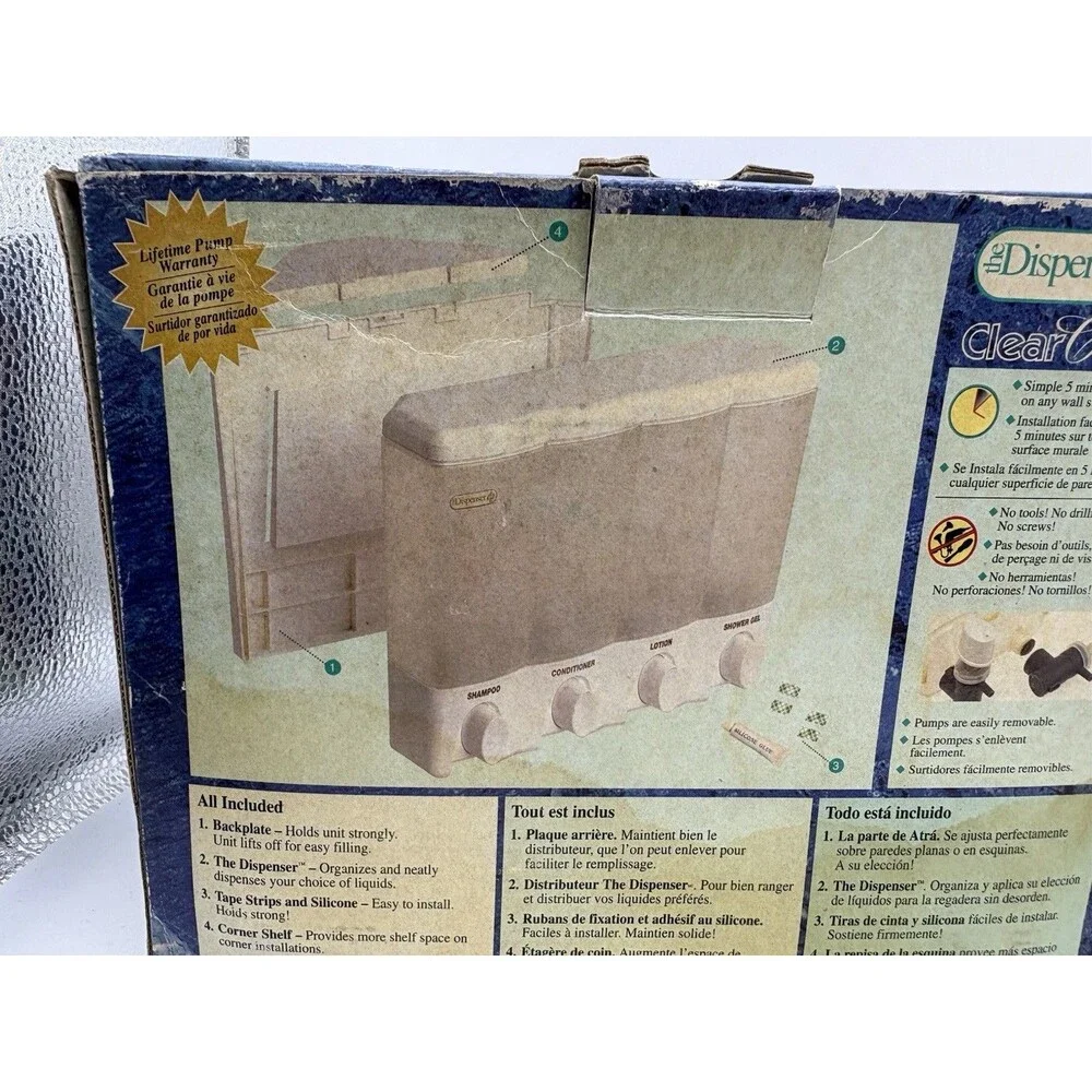 NOS The Dispenser Clear Choice 4 Chamber Shower Dispenser Wall Mount NIB